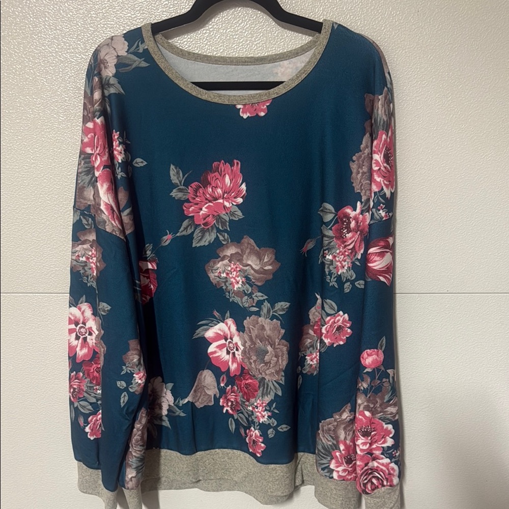 BloomChic Blue and Pink Cowl Neck Sweater with Floral Design